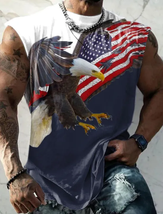 OUKU Veterans Day Men's Patriot Patriotic Veteran Graphic Color Block Eagle National Flag Vest Top Sleeveless T Shirt for Men Sleeveless Cap Sleeve T shirt 3D Print Crew Neck Shirt Fashion Designer