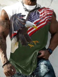 OUKU Veterans Day Men's Patriot Patriotic Veteran Graphic Color Block Eagle National Flag Vest Top Sleeveless T Shirt for Men Sleeveless Cap Sleeve T shirt 3D Print Crew Neck Shirt Fashion Designer