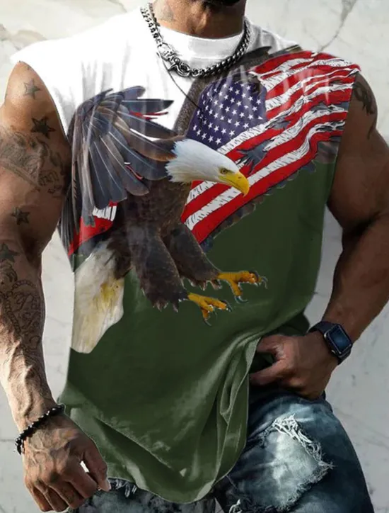 OUKU Veterans Day Men's Patriot Patriotic Veteran Graphic Color Block Eagle National Flag Vest Top Sleeveless T Shirt for Men Sleeveless Cap Sleeve T shirt 3D Print Crew Neck Shirt Fashion Designer