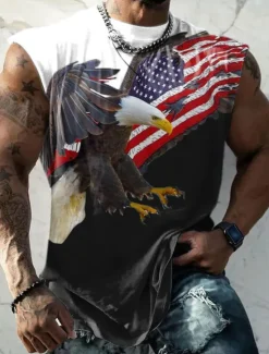 OUKU Veterans Day Men's Patriot Patriotic Veteran Graphic Color Block Eagle National Flag Vest Top Sleeveless T Shirt for Men Sleeveless Cap Sleeve T shirt 3D Print Crew Neck Shirt Fashion Designer