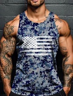 Discount OUKU Veterans Day Men's Patriot Patriotic Veteran Camo Camouflage T Shirt Vest Top Sleeveless T shirt 3D Print Crew Neck Shirt Vacation Casual Hawaiian Holiday Red Navy Blue Green Summer Spring Clothing