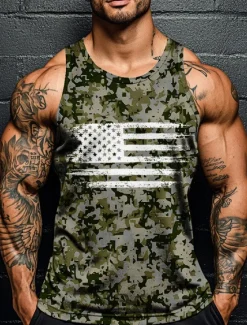 Discount OUKU Veterans Day Men's Patriot Patriotic Veteran Camo Camouflage T Shirt Vest Top Sleeveless T shirt 3D Print Crew Neck Shirt Vacation Casual Hawaiian Holiday Red Navy Blue Green Summer Spring Clothing