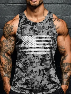 Discount OUKU Veterans Day Men's Patriot Patriotic Veteran Camo Camouflage T Shirt Vest Top Sleeveless T shirt 3D Print Crew Neck Shirt Vacation Casual Hawaiian Holiday Red Navy Blue Green Summer Spring Clothing