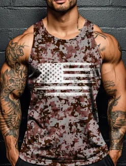 Discount OUKU Veterans Day Men's Patriot Patriotic Veteran Camo Camouflage T Shirt Vest Top Sleeveless T shirt 3D Print Crew Neck Shirt Vacation Casual Hawaiian Holiday Red Navy Blue Green Summer Spring Clothing