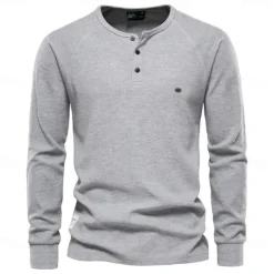 Best OUKU Waffle Henley T-Shirt Men Long Sleeve Basic Breathable Men's Tops Tee Shirts New Autumn Solid Color T Shirt For Men