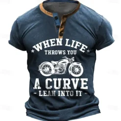 OUKU When Life Throws You A Curve -Lean Into It- Daily Letter Quotes & Sayings Motorcycle Athleisure Henley Street Style Men'S 3d Print T Shirt Tee Casual Red Blue Green Summer Spring Apparel S - 3XL