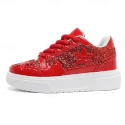 Outlet OUKU Women's Red Glitter Star Sneakers - Stylish Patent Faux Leather Design with Comfortable White Sole for Casual and Party Wear