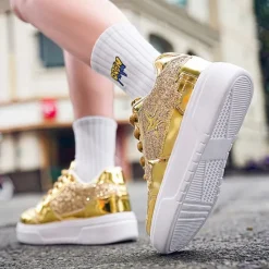 Outlet OUKU Women's Red Glitter Star Sneakers - Stylish Patent Faux Leather Design with Comfortable White Sole for Casual and Party Wear