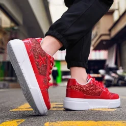 Outlet OUKU Women's Red Glitter Star Sneakers - Stylish Patent Faux Leather Design with Comfortable White Sole for Casual and Party Wear